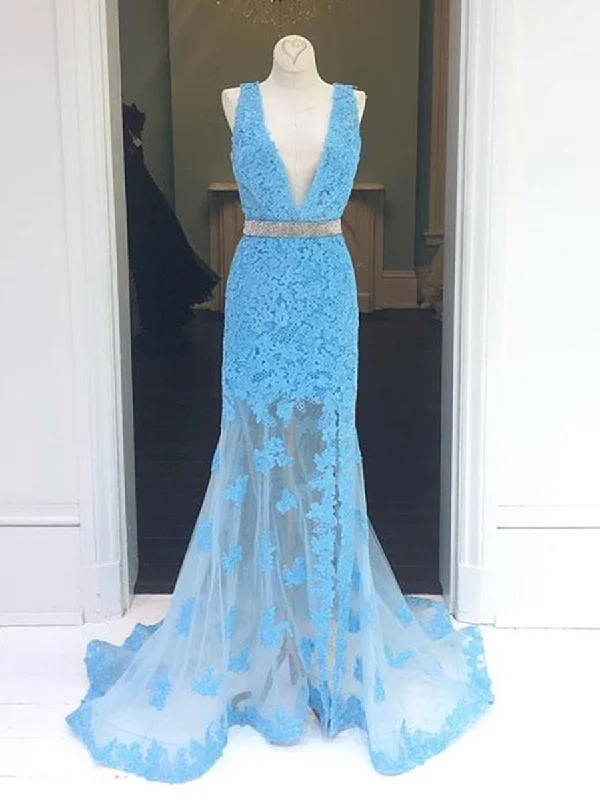 Special Price Light Blue V Neck Mermaid Lace Applique Long Corset Prom Dresses, Lace Blue Corset Formal Dresses, Evening Dresses outfit Special Price Light Blue V Neck Mermaid Lace Applique Long Corset Prom Dresses, Lace Blue Corset Formal Dresses, Evening Dresses outfit