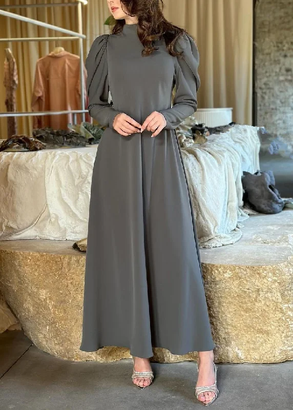 Hurry In Simple Grey Solid High Waist Cotton Long Dresses Fall QL013