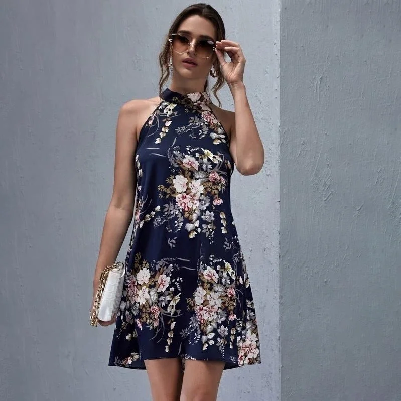 Bonus Savings Tie Back Floral Print Halter Dress
