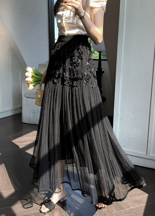 Steals and Deals Black Wrinkled Patchwork Tulle Skirt High Waist Spring RV013