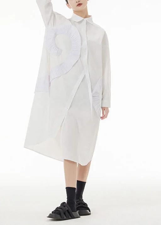 Time-Limited Offer White Patchwork Cotton Shirt Dresses Asymmetrical Wrinkled Spring LC0118