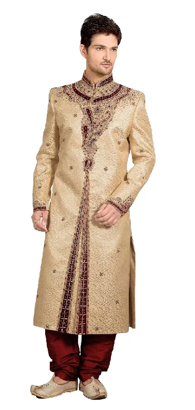 Instant Discount Fancy Cream Brocade And Jacquard Silk Indian Wedding Sherwani For Men