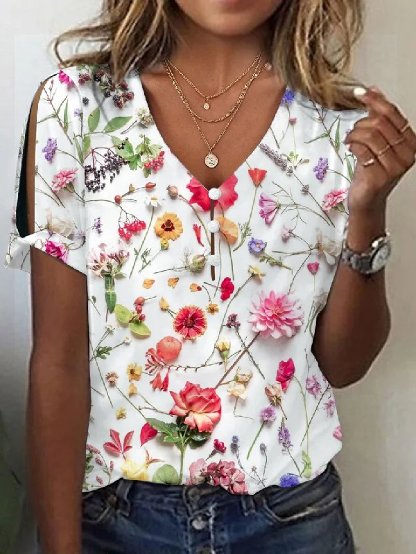 Year-End Clearance Loose Floral Casual V Neck T-Shirt CC52