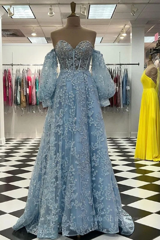 Blowout Sale Sweetheart Neck Blue Lace Appliques Long Corset Prom Dress with Long Sleeves, Blue Lace Floral Corset Formal Graduation Evening Dress outfit Blowout Sale Sweetheart Neck Blue Lace Appliques Long Corset Prom Dress with Long Sleeves, Blue Lace Floral Corset Formal Graduation Evening Dress outfit