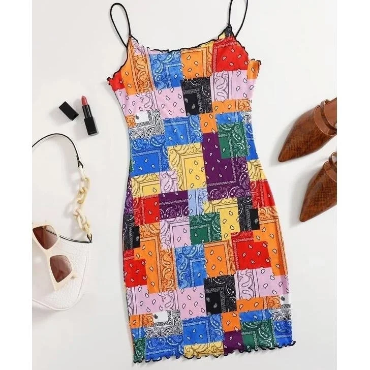 Season Finale Sale Lettuce Trim Patchwork Print Bodycon Dress