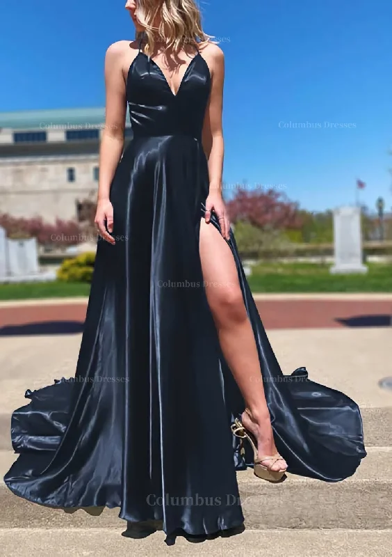 Flash Deals A-line V Neck Spaghetti Straps Sweep Train Charmeuse Prom Dress With Split Flash Deals A-line V Neck Spaghetti Straps Sweep Train Charmeuse Prom Dress With Split