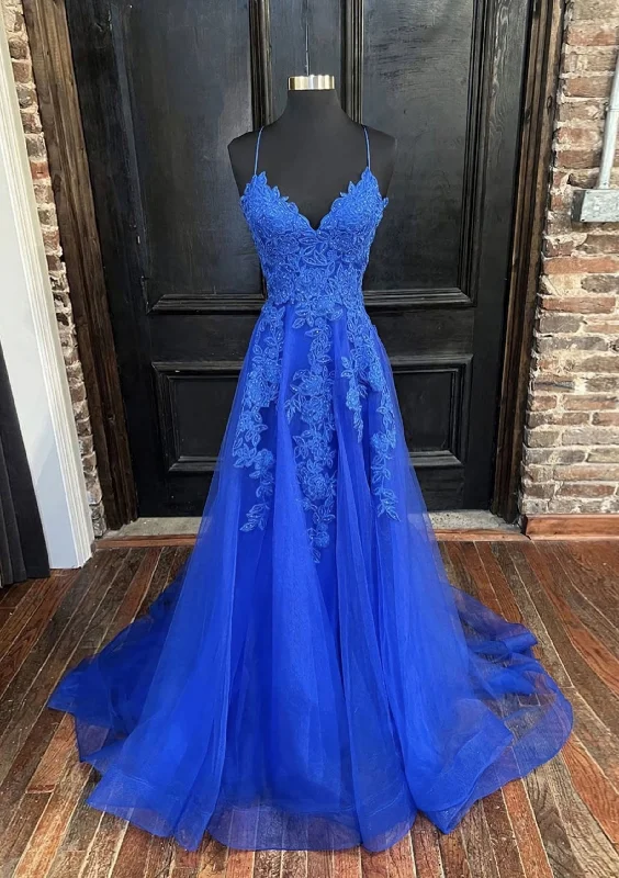 Super Sale A-line V Neck Spaghetti Straps Sweep Train Tulle Corset Prom Dress With Appliqued Gowns Super Sale A-line V Neck Spaghetti Straps Sweep Train Tulle Corset Prom Dress With Appliqued Gowns