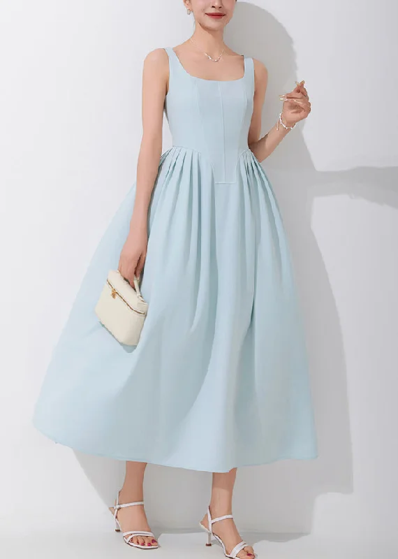 Blowout Sale Elegant Blue Square Collar High Waist Spaghetti Strap Dress Sleeveless AM1018