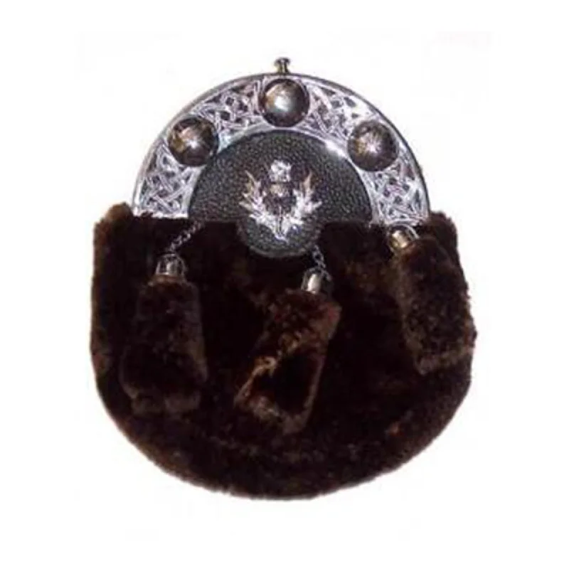 Anniversary Sale Black or Brown Grained Leather Celtic Sporran Rabbit Fur With 3 Tassels