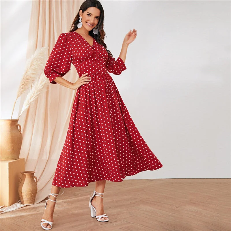 Mega Sale Women's Summer A-Line V-Neck Long Dress With Polka Dot Print