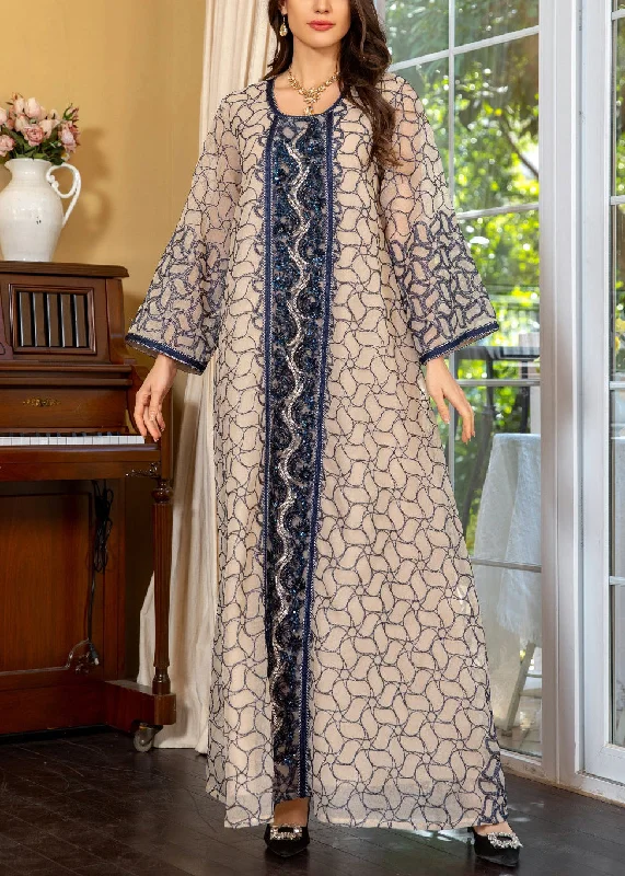 Value Deals Art Grey O Neck Sequins Patchwork Tulle Long Dress Fall WO048