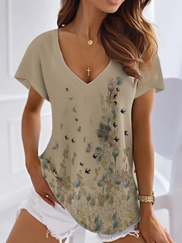 Clearance Sale Summer Floral  V Neck Casual T-Shirt CC51