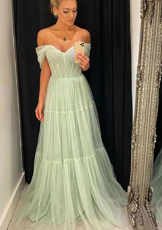 Great Deals A-line Off-the-Shoulder Sleeveless Sweep Train Tulle Corset Prom Dress With Pleated Gowns Great Deals A-line Off-the-Shoulder Sleeveless Sweep Train Tulle Corset Prom Dress With Pleated Gowns