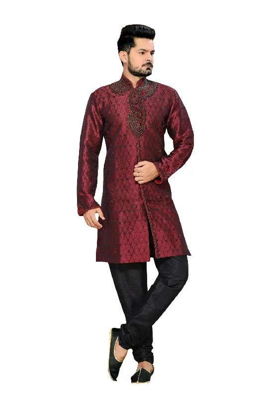 Buy More, Save More Ethnic Maroon Jacquard Silk Indian Wedding Sherwani For Men