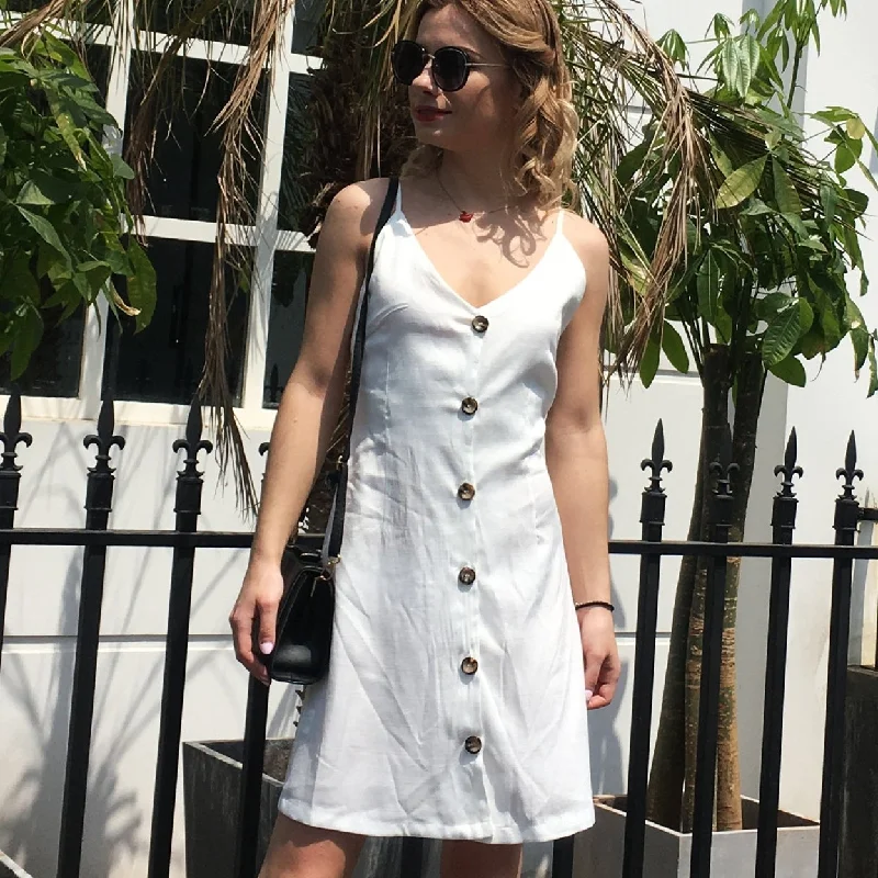 Special Discount solid color sexy suspender V-neck strap back single-breasted dress