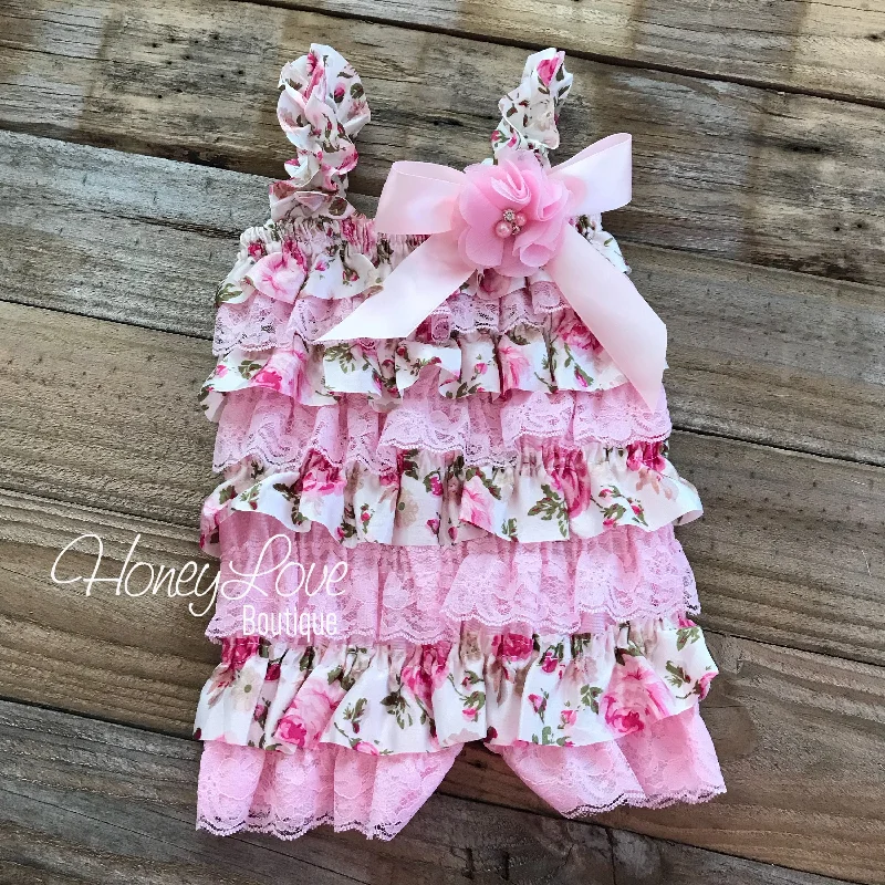 One-DAY Sale Satin & Lace Petti Romper - Pink and Floral - with pink flower embellishment One-DAY Sale Satin & Lace Petti Romper - Pink and Floral - with pink flower embellishment