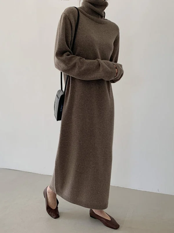 Crazy Savings Casual Khaki High-Neck Long Sleeve Sweater Dress AN1061