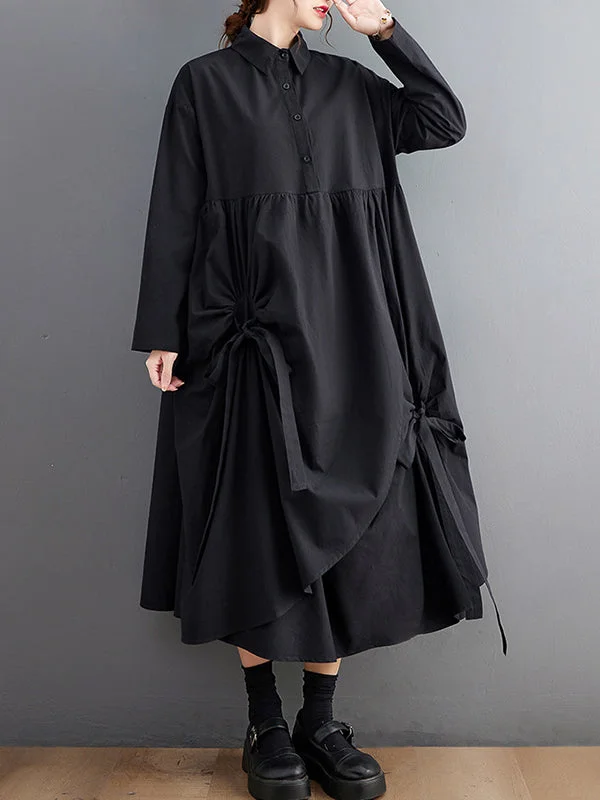 Deal Dash Stylish Black Lapel Buttoned Drawstring Pleated Tied Pockets Sleeves Shirt Dress WS004 Deal Dash Stylish Black Lapel Buttoned Drawstring Pleated Tied Pockets Sleeves Shirt Dress WS004