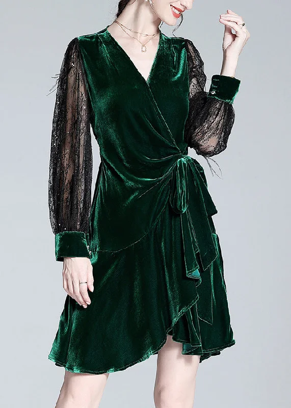 Year-End Clearance Sexy Green V Neck Tulle Patchwork Tie Waist Silk Velour Holiday Mid Dress AC3017 Year-End Clearance Sexy Green V Neck Tulle Patchwork Tie Waist Silk Velour Holiday Mid Dress AC3017