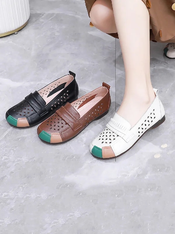 Deep Discounts Women Summer Leather Colorblock Cutout Flat Shoes UI1030