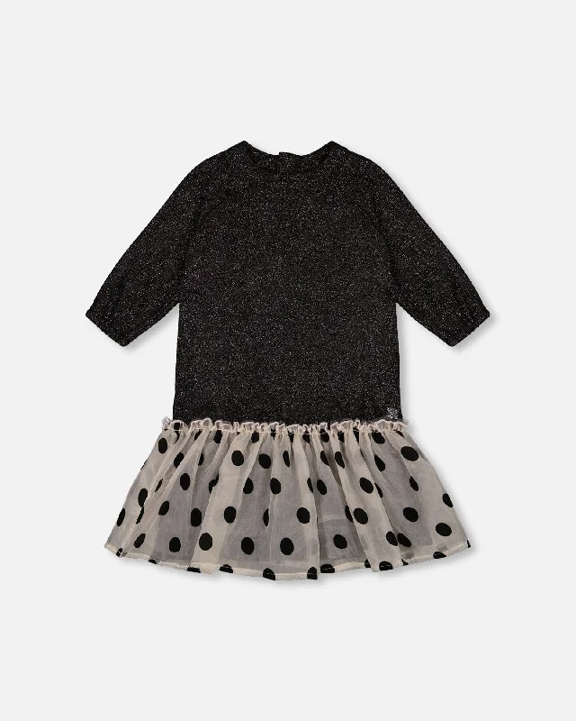 Deal of the Week Bi-Material Long Sleeve Dress With Frill Shimmering Black