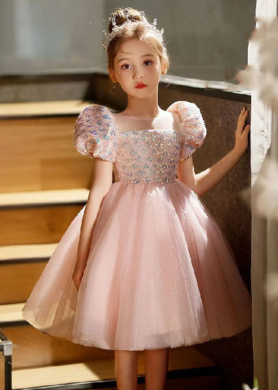 Factory Direct Sale Lovely Pink Square Collar Patchwork Tulle Kids Long Dresses Short Sleeve QV016 Factory Direct Sale Lovely Pink Square Collar Patchwork Tulle Kids Long Dresses Short Sleeve QV016
