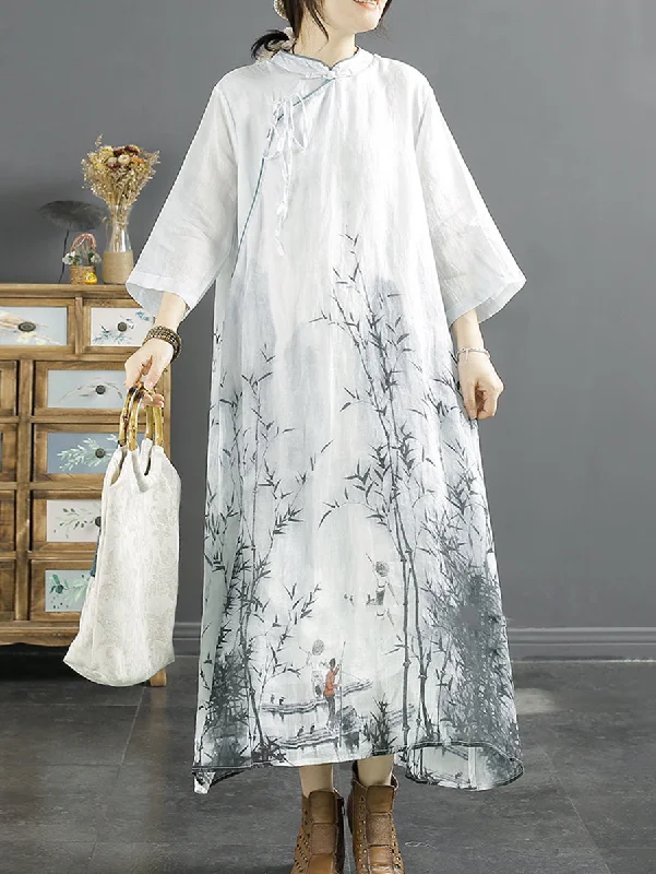 Super Sale Plus Size Women Summer Bamboo Print Ramie Dress SC1029