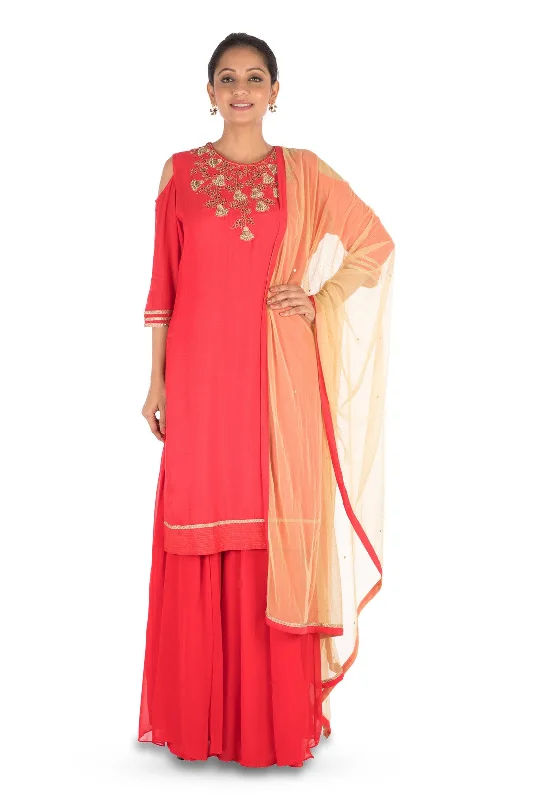 Best Seller Hand Embroidered Cold-Shoulder Tomato Red Pallazo Set