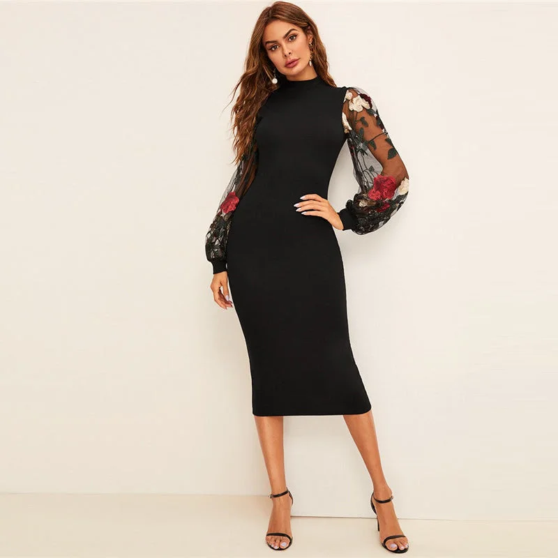 Limited Stock Women's Summer Polyester Sheath Long-Sleeved Midi Dress