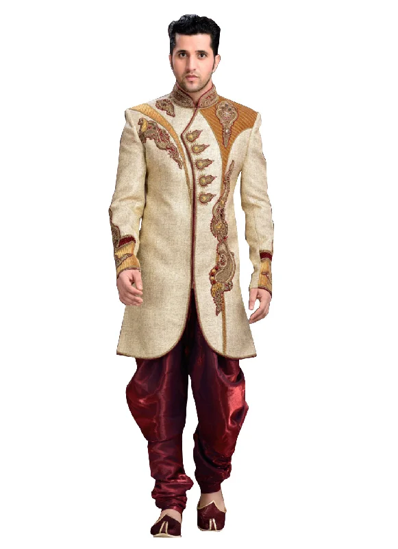 Extra Savings Fancy Beige Jute Indian Wedding Sherwani For Men