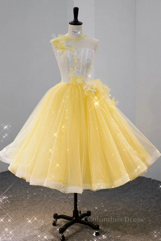 Special Offer Round Neck Yellow Lace Tulle Corset Prom Dress, Yellow Lace Short Corset Homecoming Dress, Yellow Corset Formal Graduation Evening Dress outfit