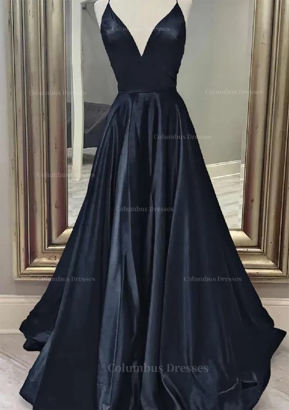 Massive Deals A-line V Neck Spaghetti Straps Long/Floor-Length Charmeuse Prom Dress With Pockets