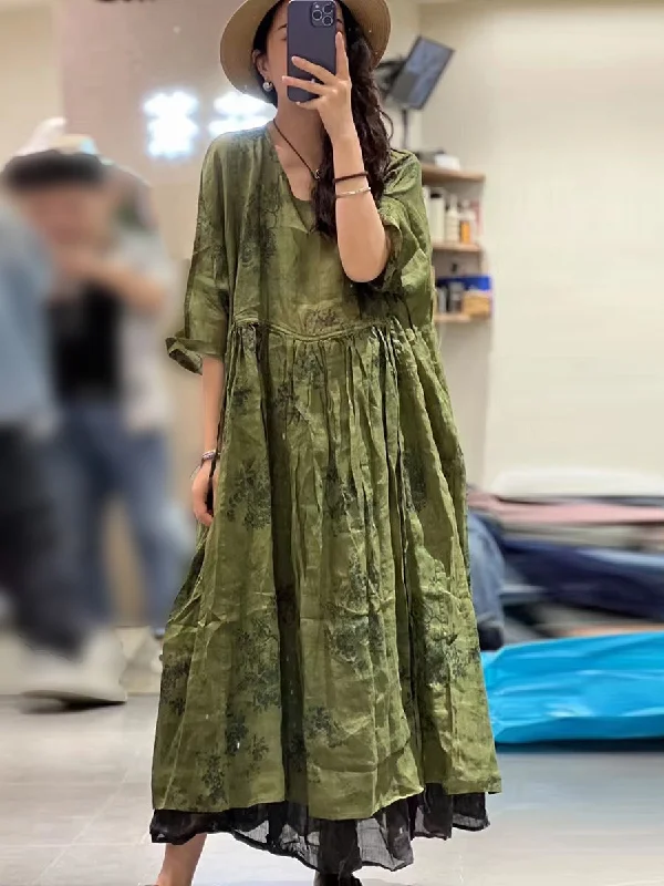 Today’s Special Plus Size Women Summer Pleat Print Stitching Loose Worn Ramie Dress KL1053