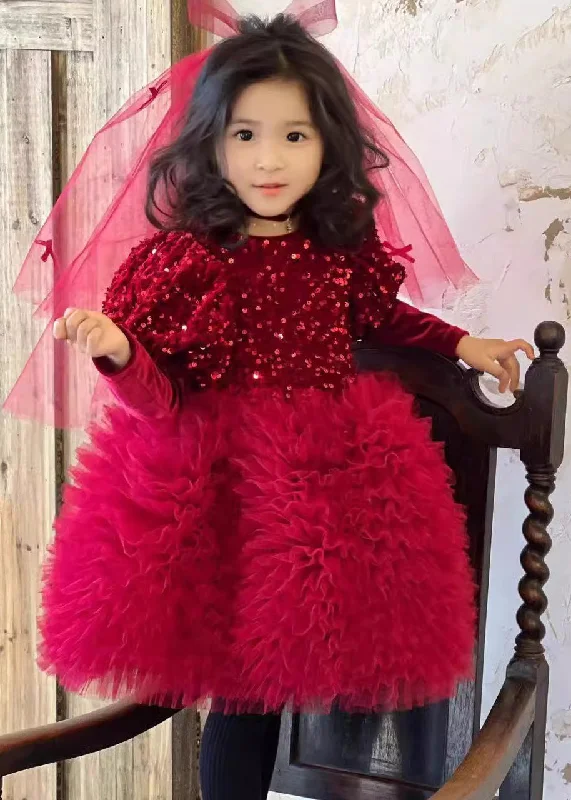 Final Markdown Stylish Red Silk Velour Sequins Tulle Kids Long Dress Winter RP031