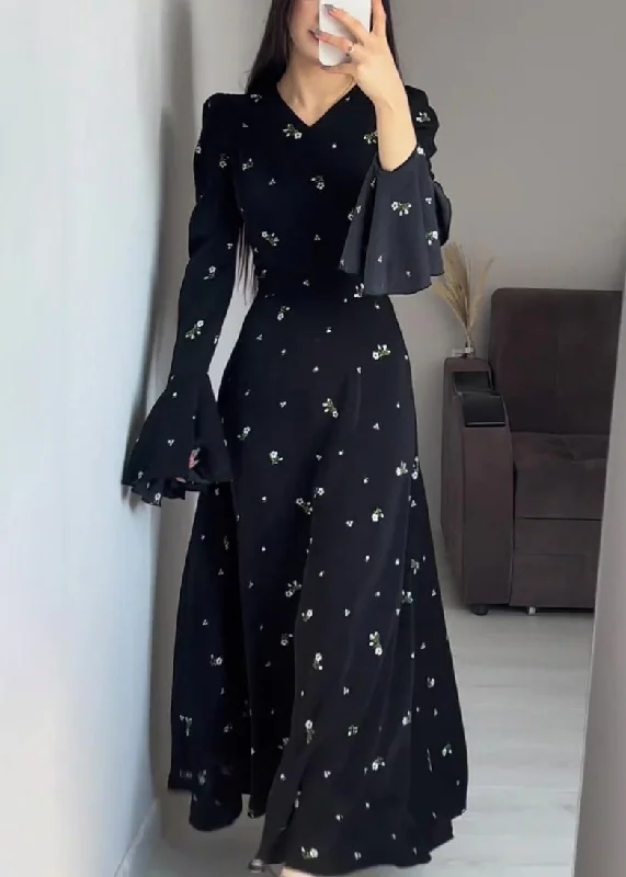 Best Bargains Stylish Black V Neck Print Cotton Maxi Dresses Butterfly Sleeve QL010