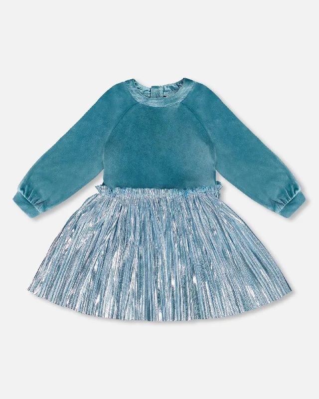 Value Deals Bi-Material Long Sleeve Dress Blue Frost