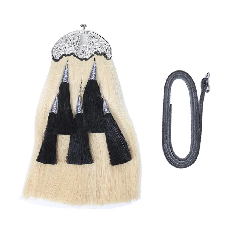 Overstock Original Horse Hair Sporran White Body With 5 Black Tassels
