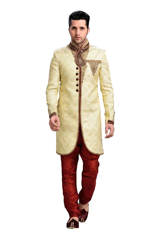 Price Drop Royal Look Cream Brocade Silk Indian Wedding Sherwani For Men