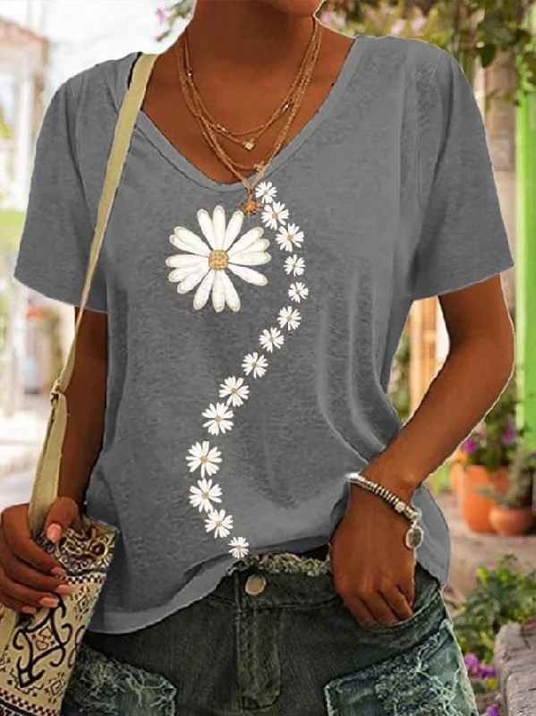 Price Rollback Crew Neck Casual Daisy Loose T-Shirt AH628