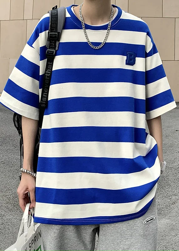 The Best Prices New Blue O Neck Striped Cotton Men's Grunt Style T Shirts Summer QH014