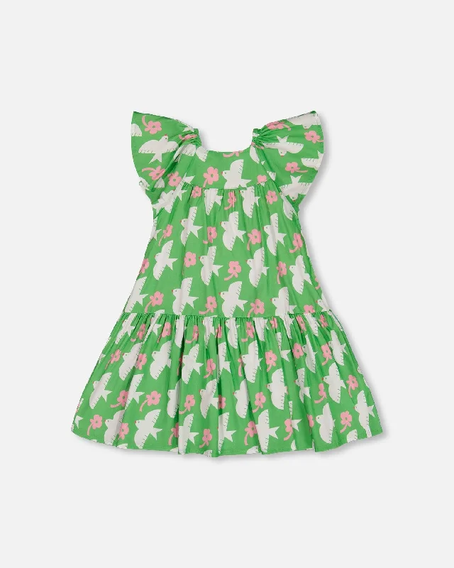 Midnight Madness Printed Dress With Flounce Sleeves Green With White And Pink Bird