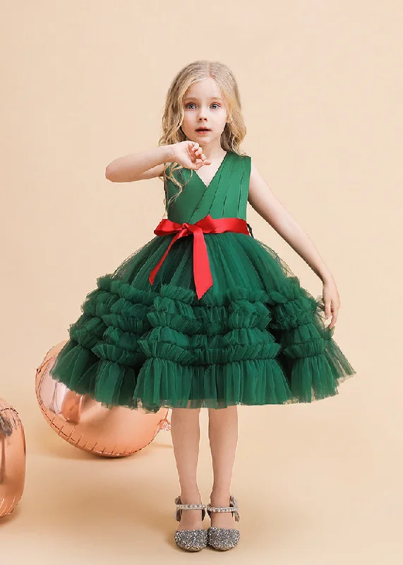 Take Advantage Classy Green V Neck Tie Waist Tulle Girls Long Dresses Summer RP036