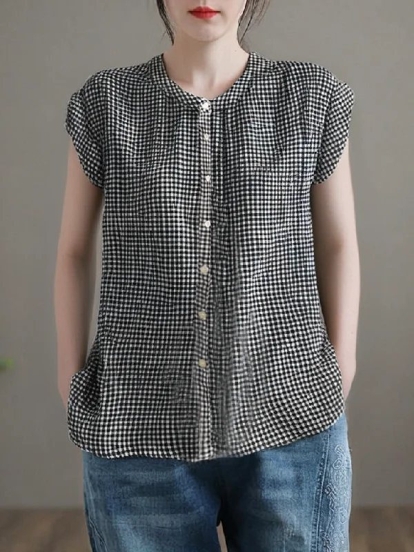 Midnight Sale Grace Size Stand Collar Plaid Button Cotton Shirts Summer QB030