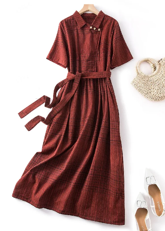 Limited Edition Fine Red Peter Pan Collar Plaid Tie Waist Linen Dresses Summer AM1066 Limited Edition Fine Red Peter Pan Collar Plaid Tie Waist Linen Dresses Summer AM1066
