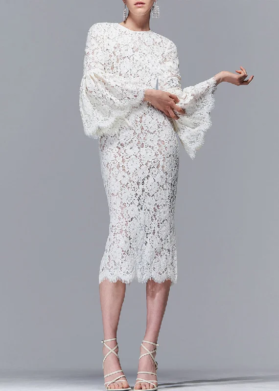 Low Prices Sexy Beige Hollow Out Side Open Lace Dress Flare Sleeve AM1013