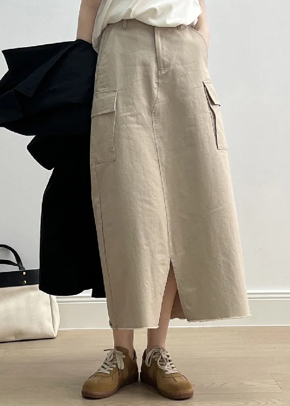 Epic Deals Fine Khaki Pockets High Waist Side Open Cotton Skirt Fall QC024