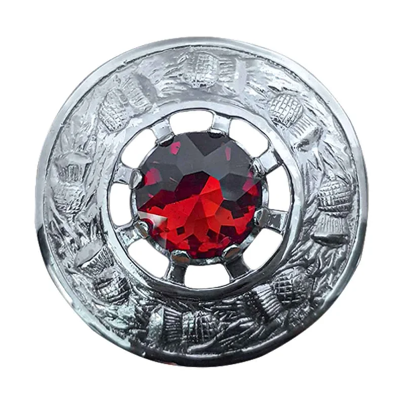 Today's Special Plaid Brooch Red Stone Round Thistle Flower
