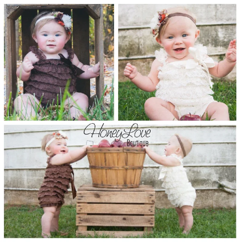 Massive Deals Lace Petti Romper - Embellished Orange Ivory Brown Champagne romper and matching headband Massive Deals Lace Petti Romper - Embellished Orange Ivory Brown Champagne romper and matching headband