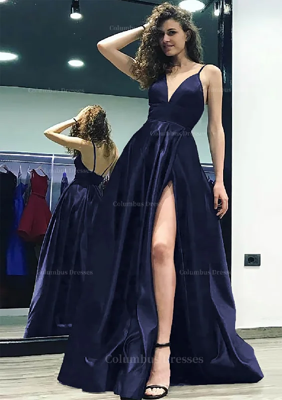 Savings Bonanza A-line/Princess V Neck Sleeveless Sweep Train Satin Prom Dress With Split Savings Bonanza A-line/Princess V Neck Sleeveless Sweep Train Satin Prom Dress With Split