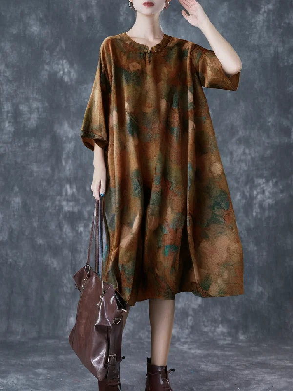 Final Markdown Grace Stand Collar Button Print Linen Dress Summer QR019